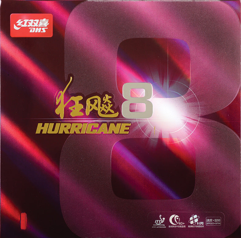 DHS Hurricane 8 table tennis rubber in its maroon retail packaging