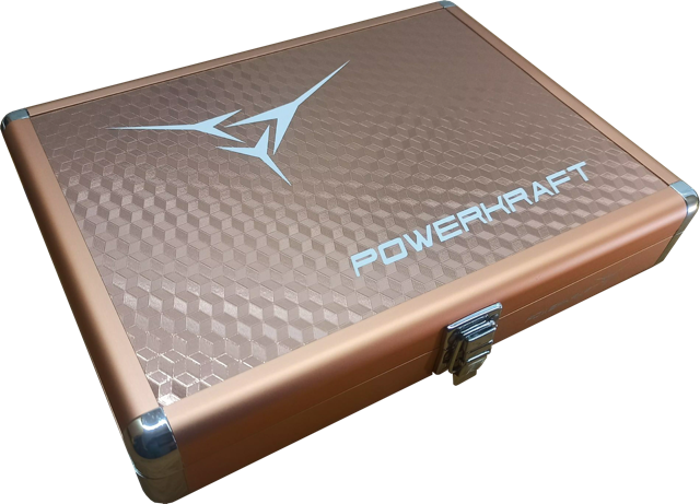 Bronze Powerkraft aluminium racket case with patterned lid and metal corner protectors