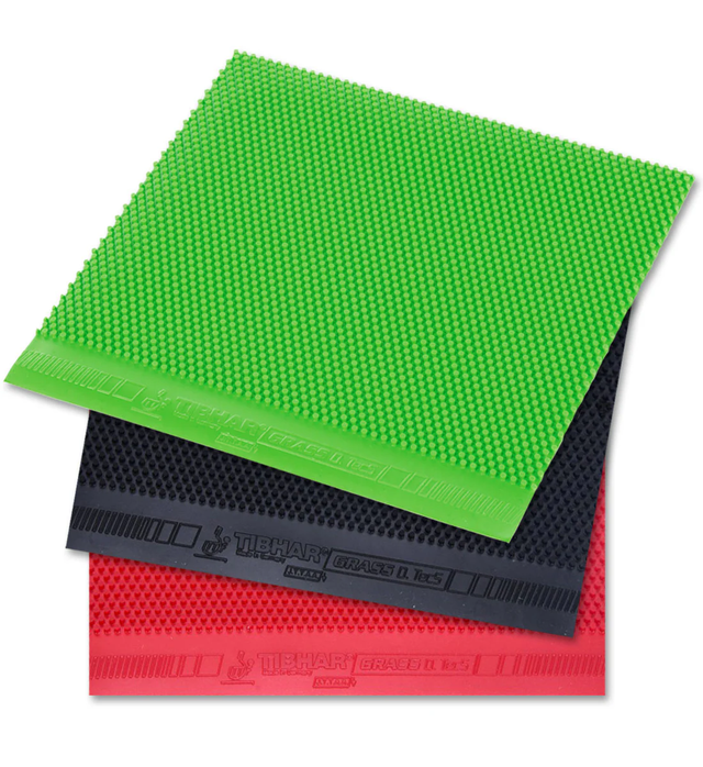 Tibhar Grass D.TecS long-pips rubber sheets in green, black and red