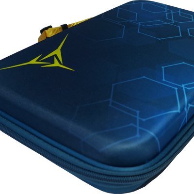 Closed blue Powerkraft EVA racket case with a hexagonal pattern and yellow zipper pulls