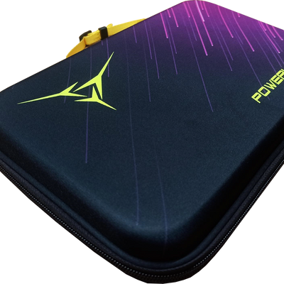 Closed dark Powerkraft EVA racket case with a purple gradient and yellow zipper pulls