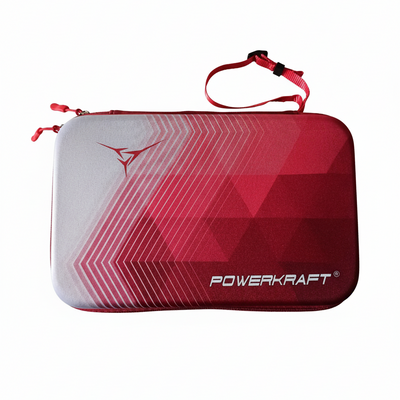 Red Powerkraft EVA racket case with its carry handle extended