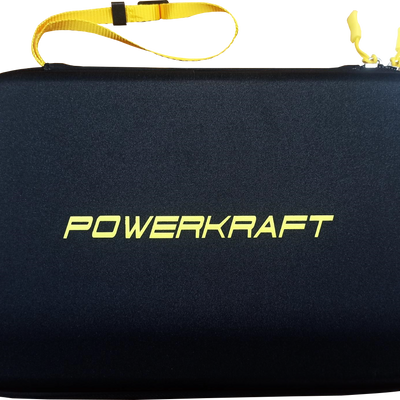 Reverse side of the dark Powerkraft EVA racket case with yellow lettering