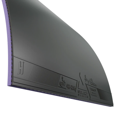 Black Joola Hugo Calderano Trinity rubber showing the topsheet and sponge edge