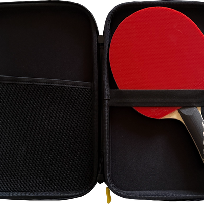 Powerkraft Carbon Warrior racket secured inside an open black racket case