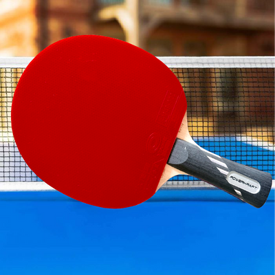 Powerkraft Carbon Warrior racket with red rubber on a blue table tennis table