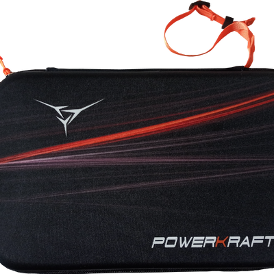Top view of the black Powerkraft EVA racket case with red lines