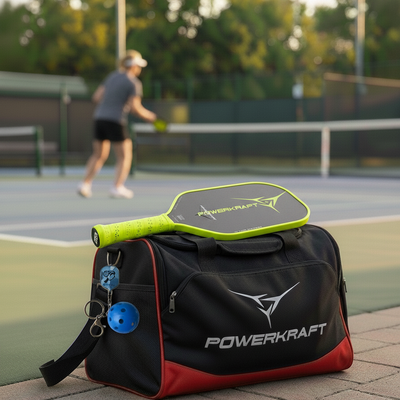 Blue pickleball paddle and ball keychain attached to a sports bag beside a court