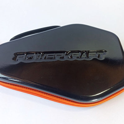 Powerkraft PU racket case showing the raised logo and orange zipper