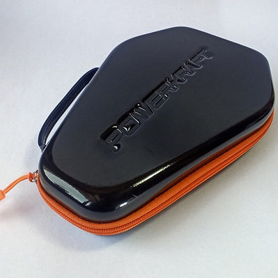 Powerkraft PU racket case showing its handle and orange zipper from the side