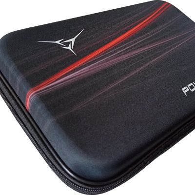 Closed black Powerkraft EVA racket case with red lines and orange zipper pulls