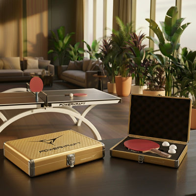 Powerkraft aluminium cases in a table tennis setting, with an open case showing a racket and balls