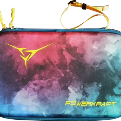 Top view of the multicolour Powerkraft EVA racket case and carry handle