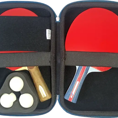 Open Powerkraft EVA racket case showing two rackets, ball storage and retaining straps