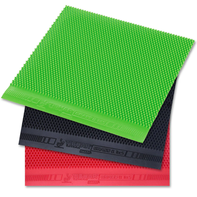 Tibhar Grass D.TecS rubber sheets showing the long-pips surface in green, black and red