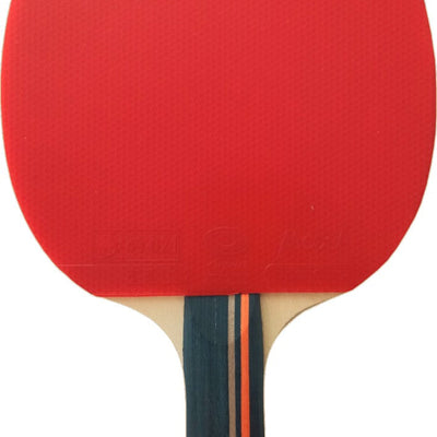 Front view of the Powerkraft Rakshak racket with red rubber and striped handle