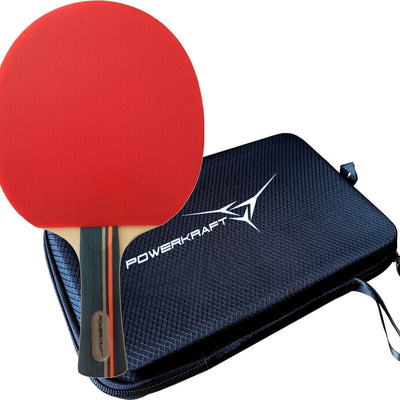 Powerkraft Rakshak racket with red rubber resting on a black zippered case
