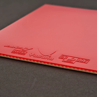 Red Yasaka Rakza 7 rubber showing the topsheet and sponge edge