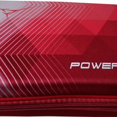 Front view of the red Powerkraft EVA racket case showing the logo and geometric pattern