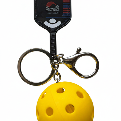 Yellow-ball pickleball keychain with a black paddle, metal ring and clasp