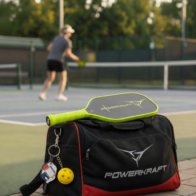 Yellow-ball pickleball keychain with a patterned paddle attached to a sports bag