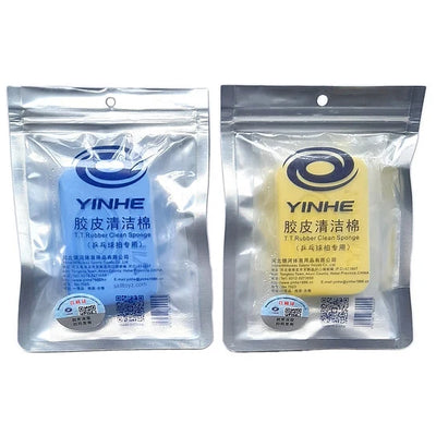 Blue and yellow Yinhe rubber cleaning sponges in clear retail bags