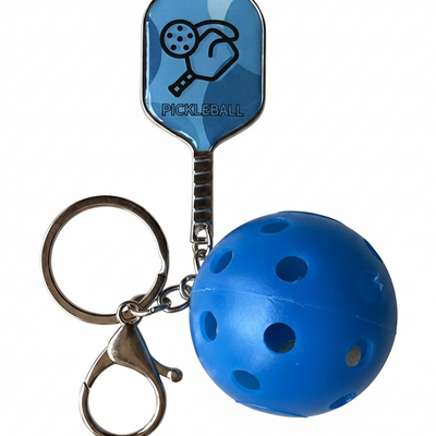 Blue pickleball paddle and ball keychain with a metal ring and clasp