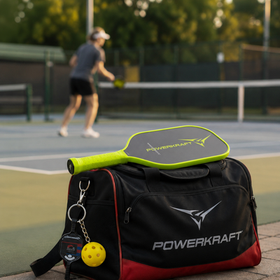 Yellow-ball pickleball keychain with a black paddle attached to a sports bag
