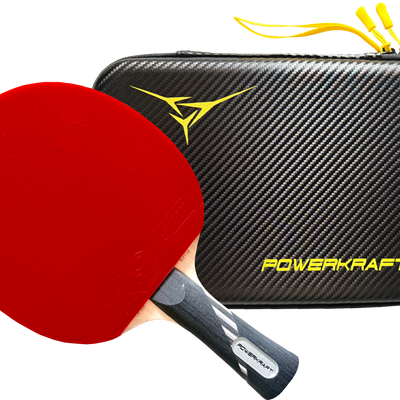 Powerkraft Carbon Warrior racket with red rubber beside its black racket case