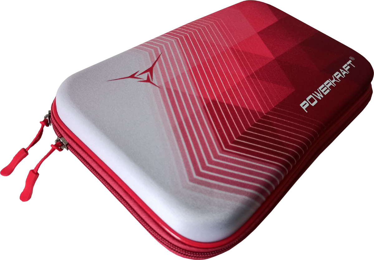 Closed red Powerkraft EVA racket case with geometric lines
