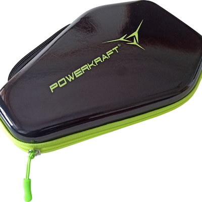 Closed Powerkraft PU racket case with green zipper trim