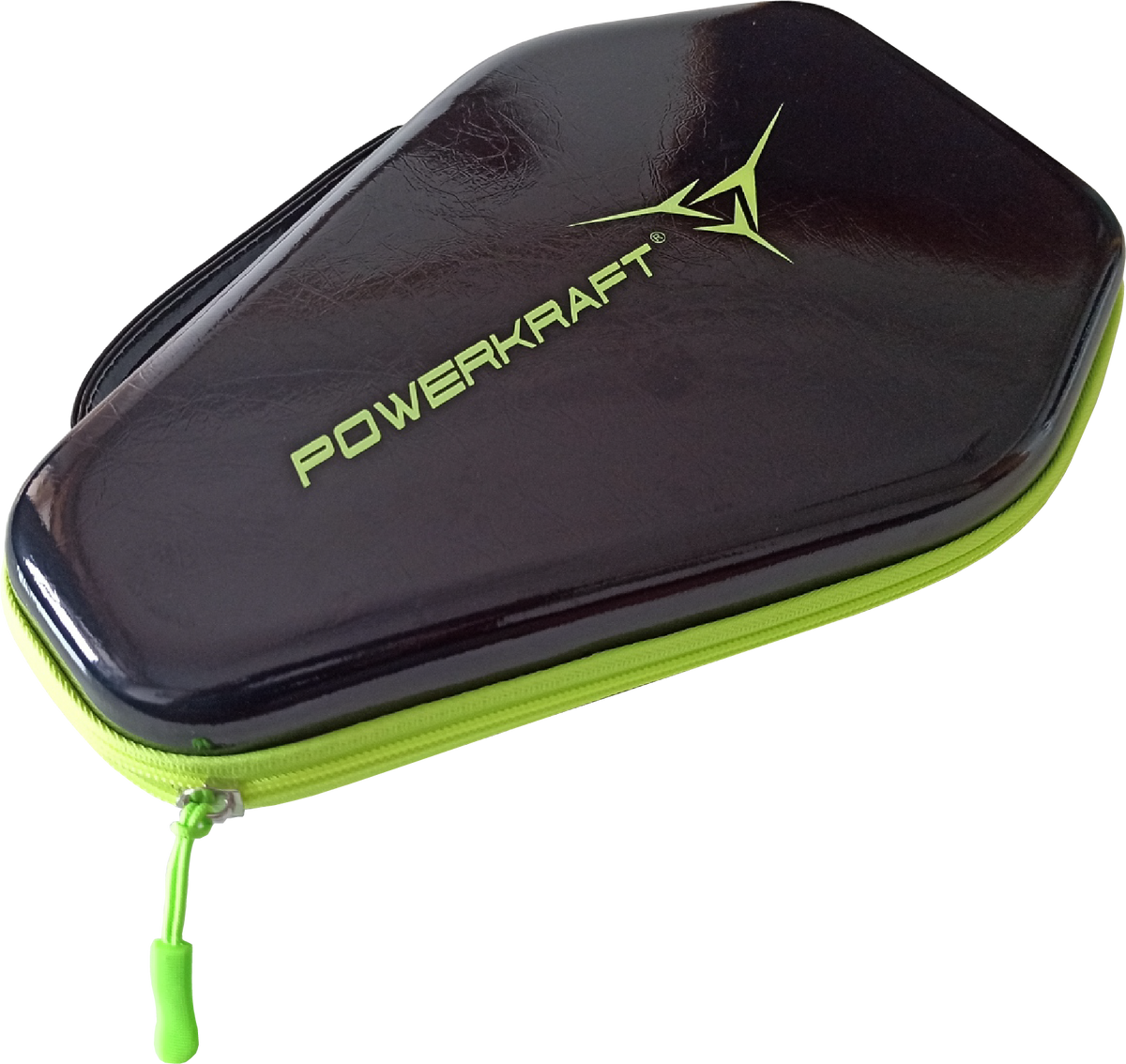 Closed Powerkraft PU racket case with green zipper trim