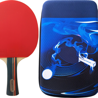 Powerkraft Rakshak racket with red rubber beside its blue racket case