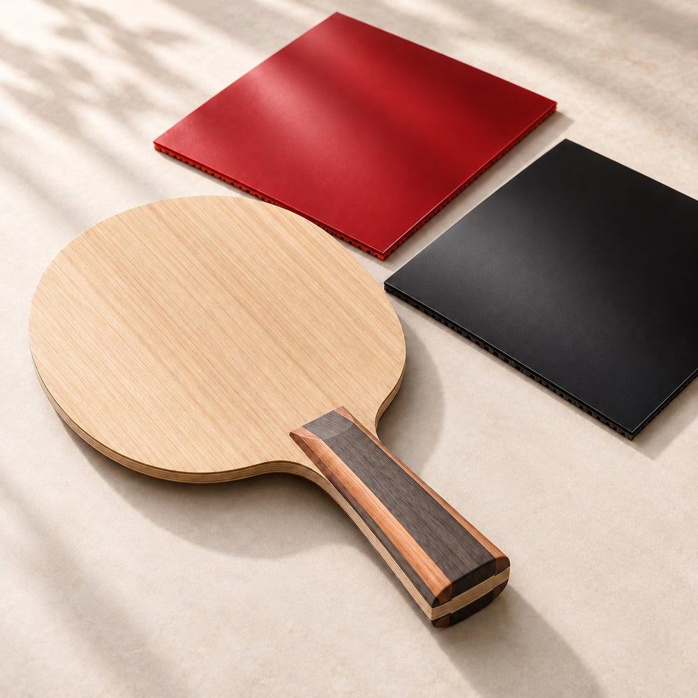 Wooden table tennis blade beside red and black rubber sheets on a warm stone surface