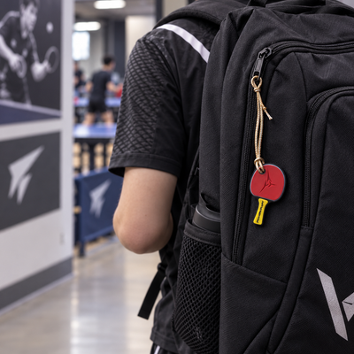 Powerkraft table tennis racket keychain attached to a backpack