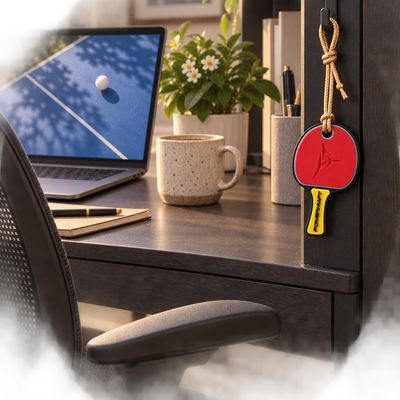 Powerkraft table tennis racket keychain hanging beside a desk