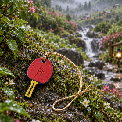 Powerkraft table tennis racket keychain in an outdoor rain setting