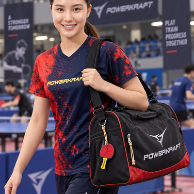 Powerkraft table tennis racket keychain attached to a sports bag
